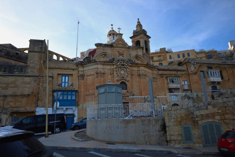 Close-up of an old historic corner building in Valletta, Malta