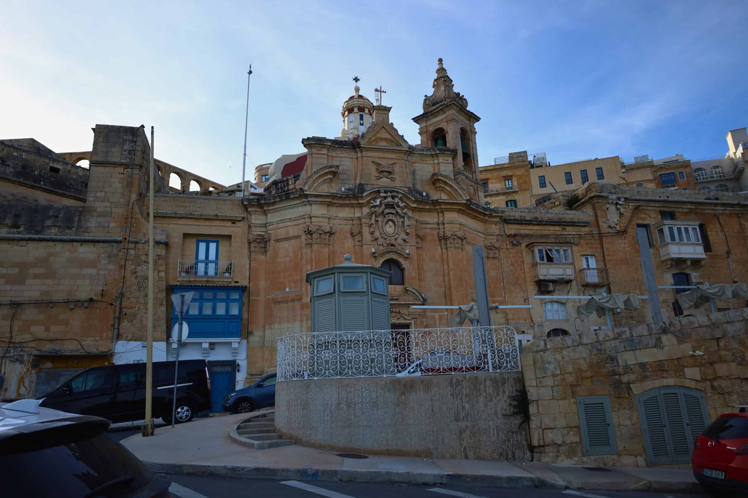 Close-up of an old historic corner building in Valletta, Malta