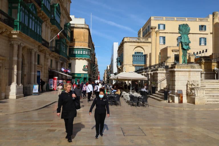 Entry point into Valletta’s old town square with historic buildings