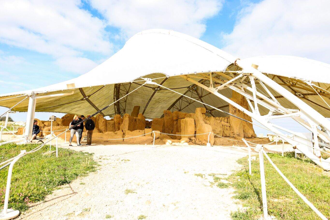 View of the Mnajdra Temples entrance under a protective canopy in Qrendi, Malta.