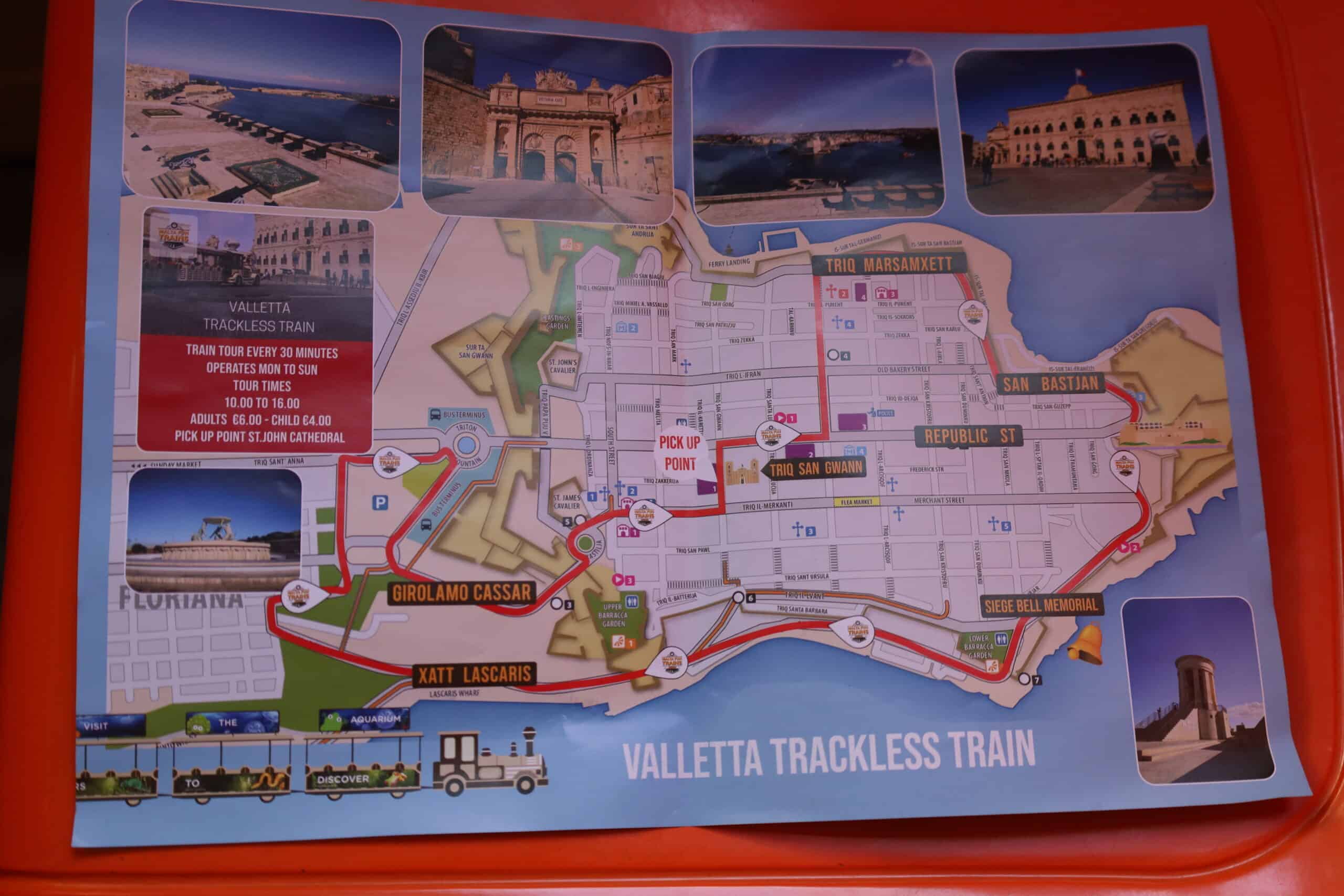 Close-up of the train tour route map for exploring Valletta