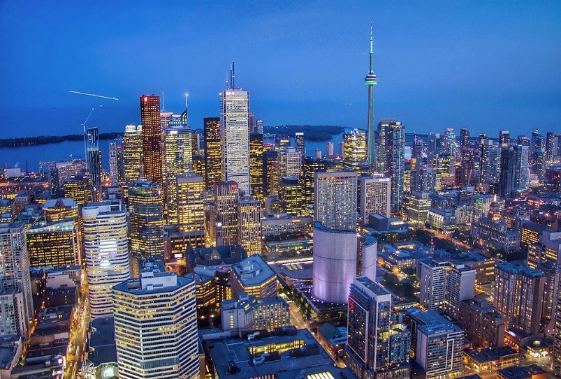 Aerial view of a Canadian city lit up at night