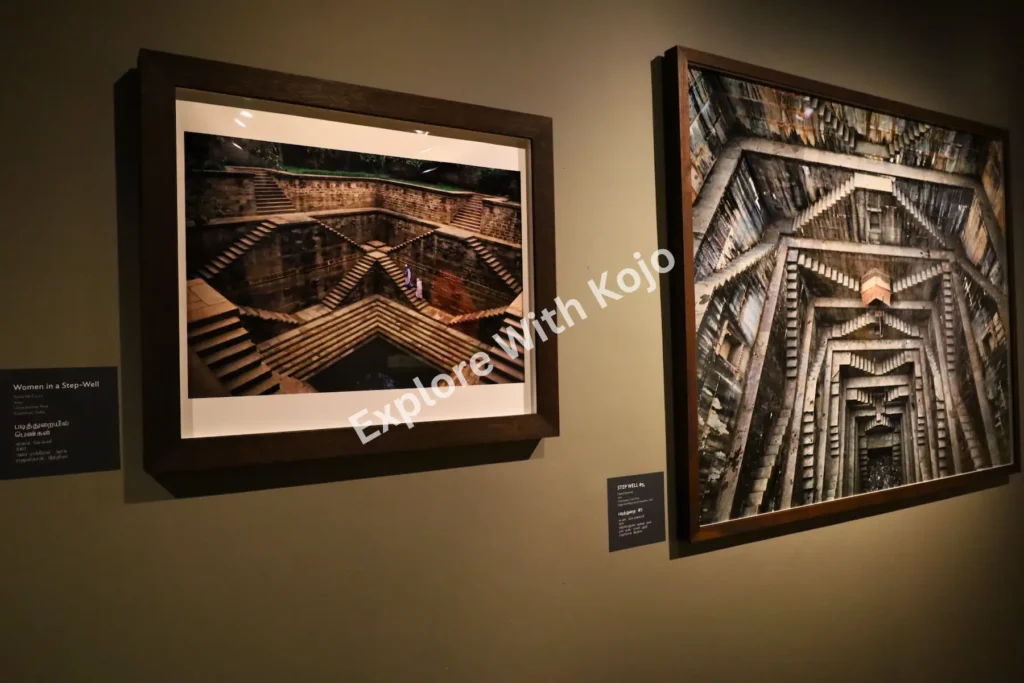 Framed artwork depicting Indian architectural designs at the Indian Heritage Centre Singapore.