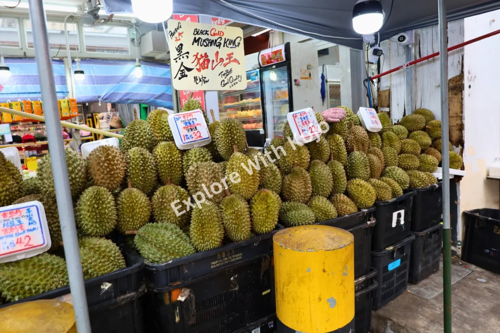 Durian stall in Chinatown Singapore market.