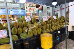 Durian stall in Chinatown Singapore market.