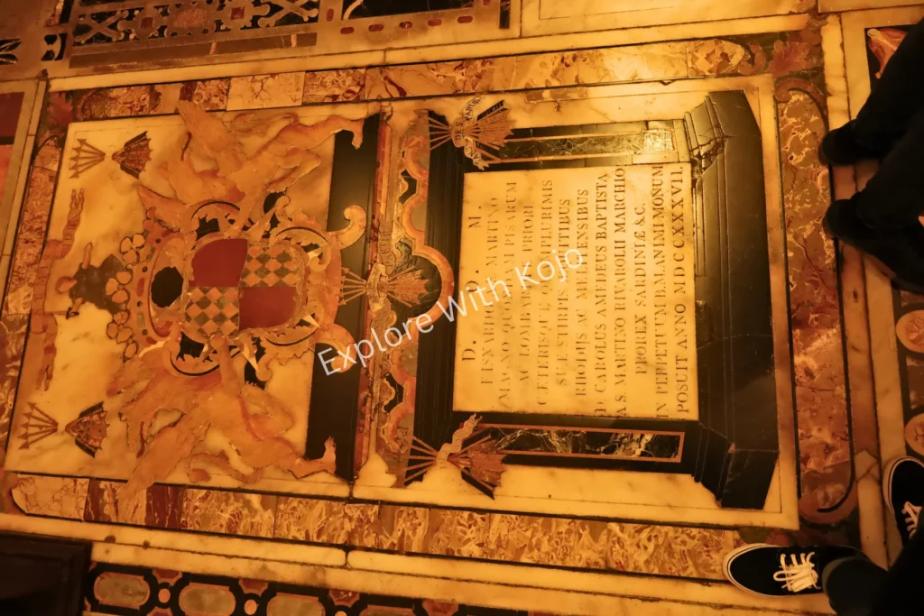 Marble tombstone with engravings inside St. John&rsquo;s Co-Cathedral, Valletta,&nbsp;Malta.