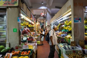 A man browsing colorful fresh produce stalls in Little India Singapore