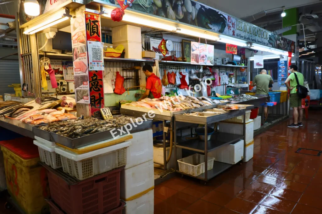 Fresh seafood displayed at a market stall in Little India Singapore