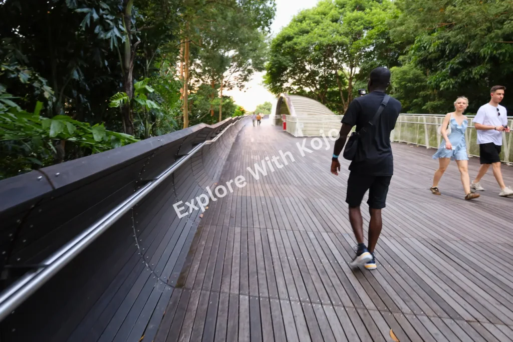 People walking on Henderson Waves Bridge, the iconic wave-shaped structure in Singapore.