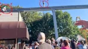 A young boy walking dangerously on top of the Hersheypark monorail track as a shocked crowd looks up from below.