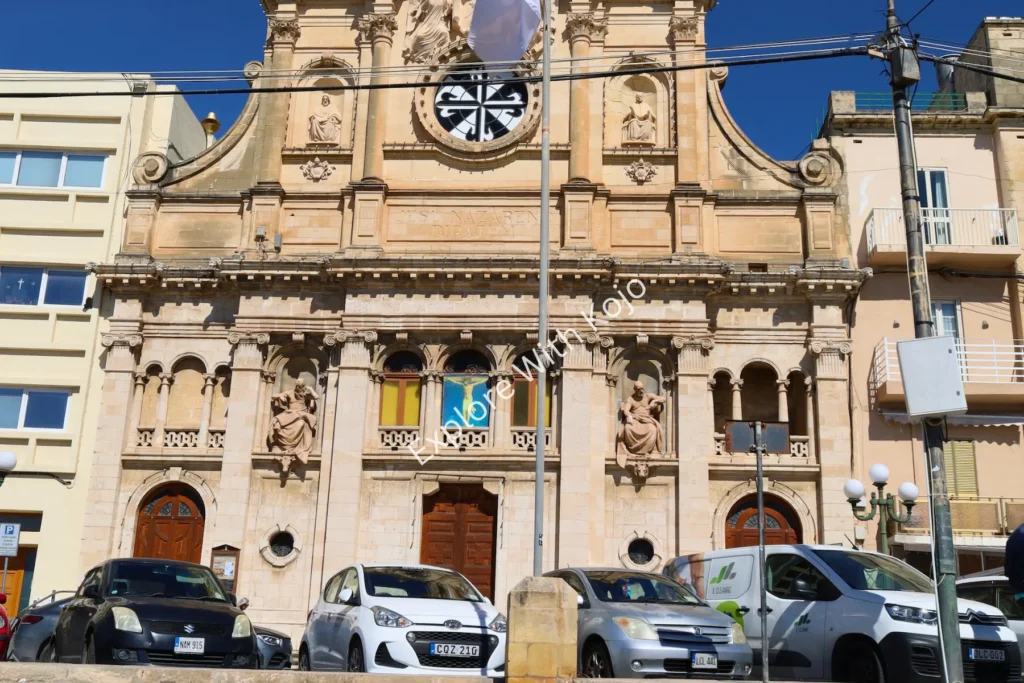 Detailed facade of a historic limestone building in&nbsp;Sliema,&nbsp;Malta.