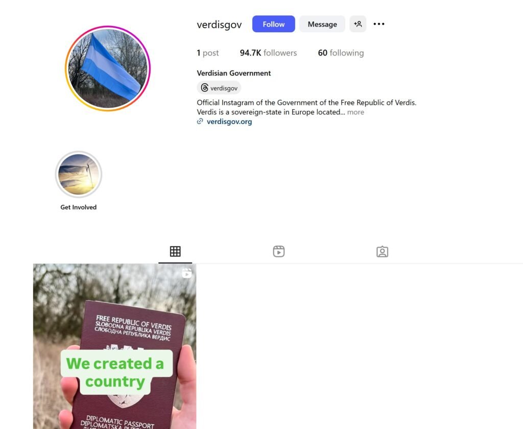 Instagram profile of the Free Republic of Verdis showing its flag logo, nearly 95,000 followers, and a single post of a Verdis diplomatic passport.