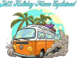 Cartoon-style thumbnail with the text ‘Jet2 Holiday Meme Explained’ above an orange retro van speeding past palm trees, symbolizing travel and holidays.