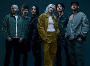 Linkin Park band members posing together ahead of their 2026 From Zero World Tour concert in Abu Dhabi.