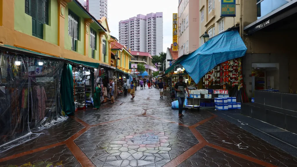 Vibrant street scene in Little India, Singapore, with colorful buildings