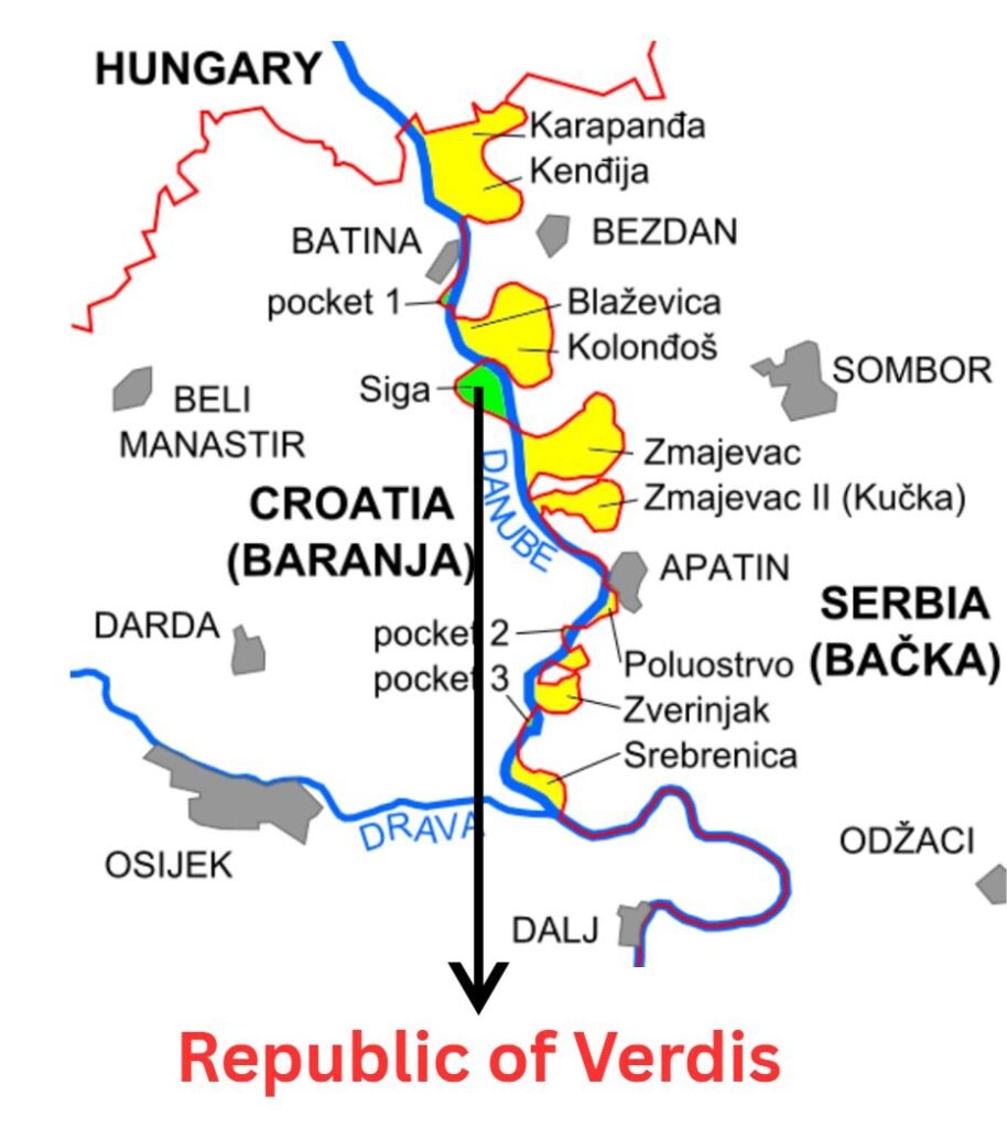 Map of the Croatia–Serbia border dispute highlighting pockets of land along the Danube River, with Siga marked as the location of Verdis.