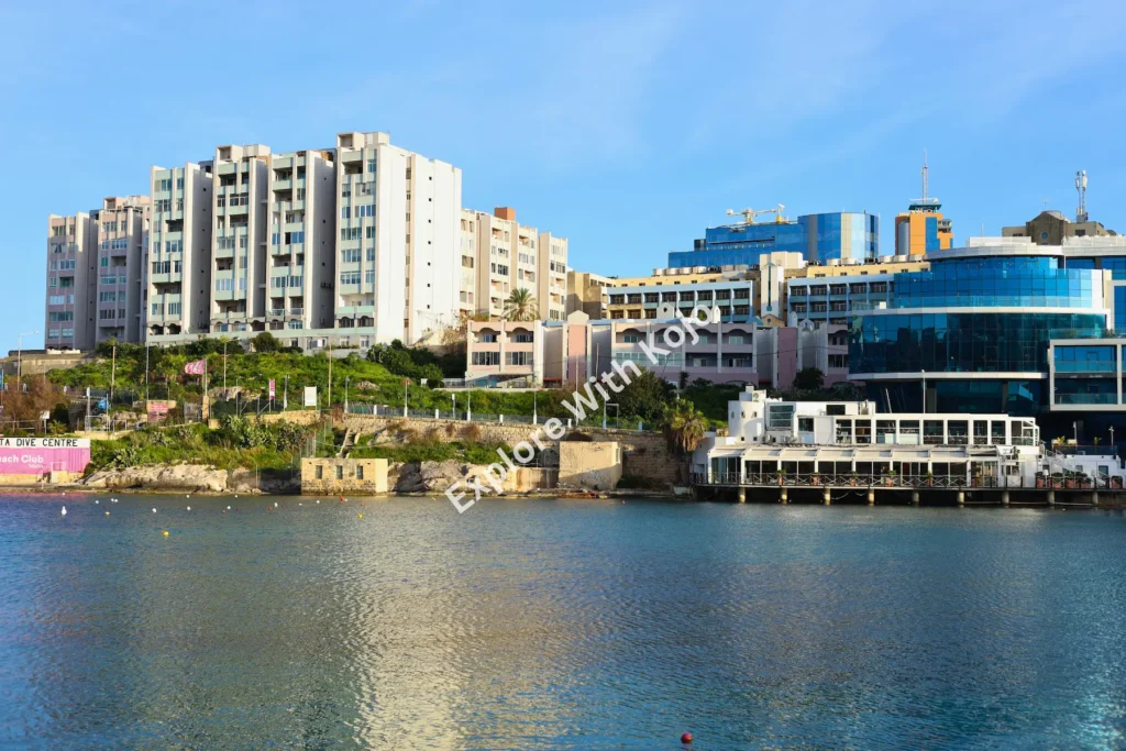 Cityscape view of Sliema Bay waterfront buildings in Malta.