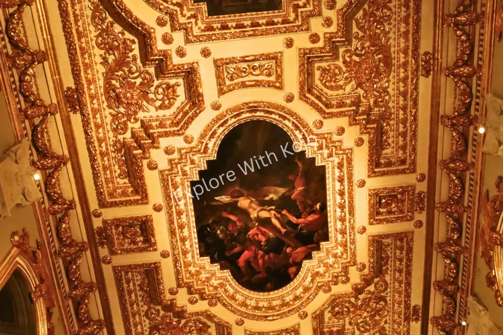 Painted ceiling with religious art and Baroque golden decorations inside St. John&rsquo;s Co-Cathedral&nbsp;Malta.