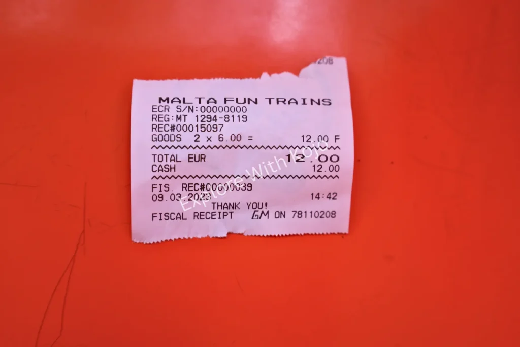 Printed tourist train ticket for Valletta, Malta.