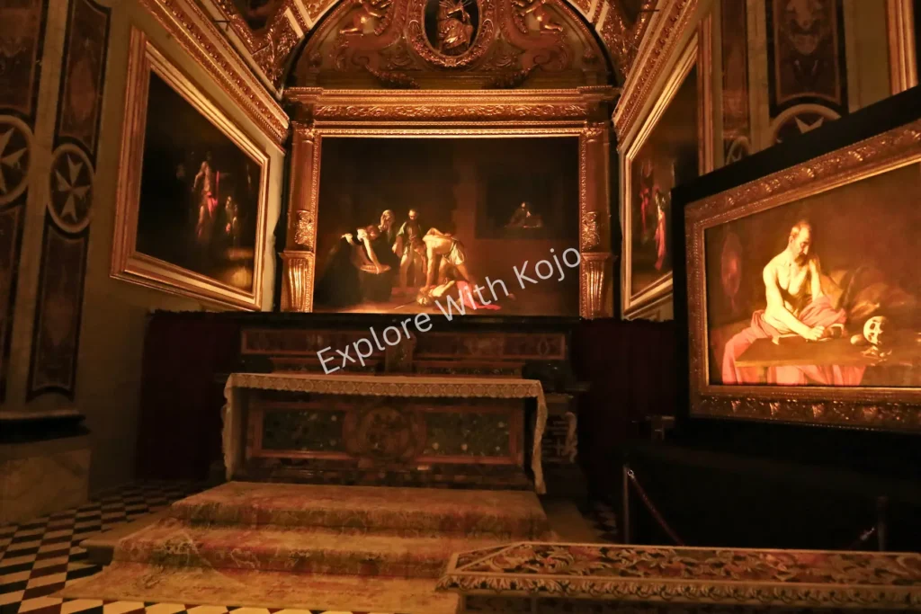 Religious paintings displayed on chapel walls in Malta.