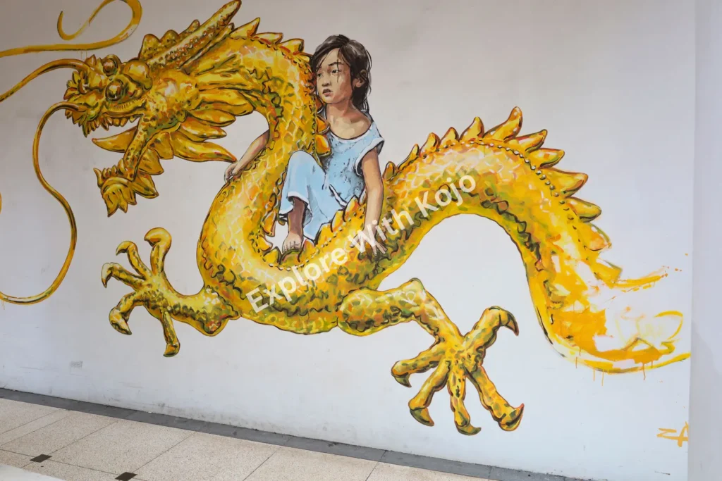 olden Dragon Mural in Singapore’s Chinatown Golden dragon mural wall art in Singapore’s Chinatown.