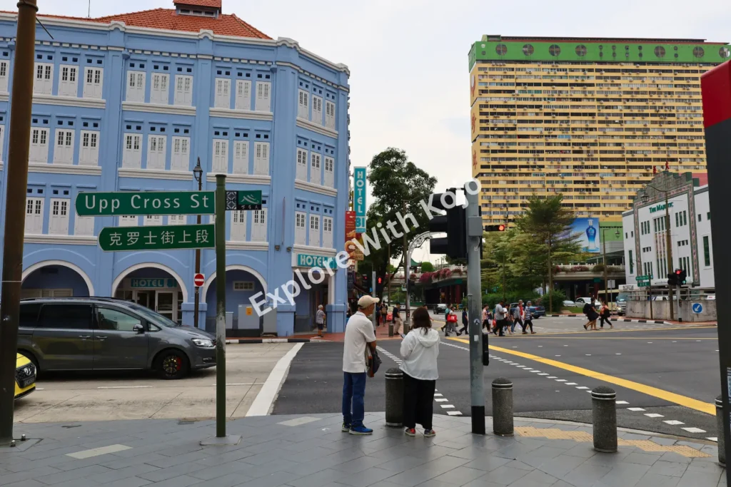 Blue shophouses along New Bridge Road in Singapore Chinatown.