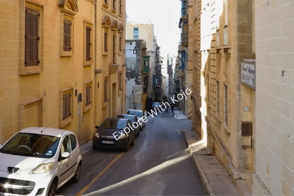 Steep sloping narrow street in&nbsp;Valletta&nbsp;Malta.