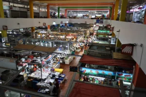 Wide-angle view of Tekka Centre showing busy stalls and shoppers in Little India, Singapore