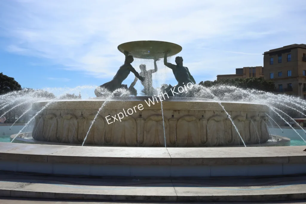 Iconic Triton Fountain in Valletta Malta with statues&nbsp;and&nbsp;water.