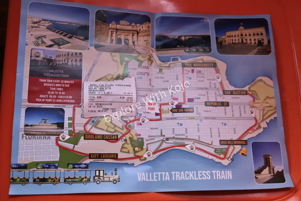 Valletta traditional train map with landmarks Malta.