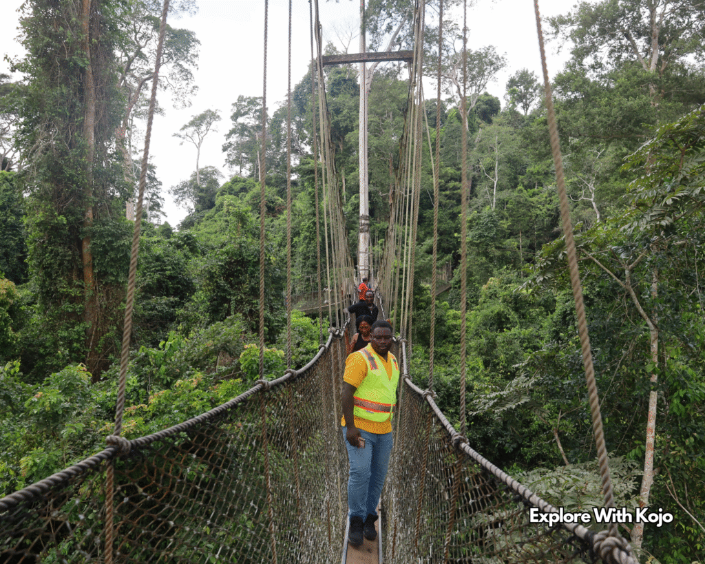 Park guide leading visitors on Kakum canopy walkway