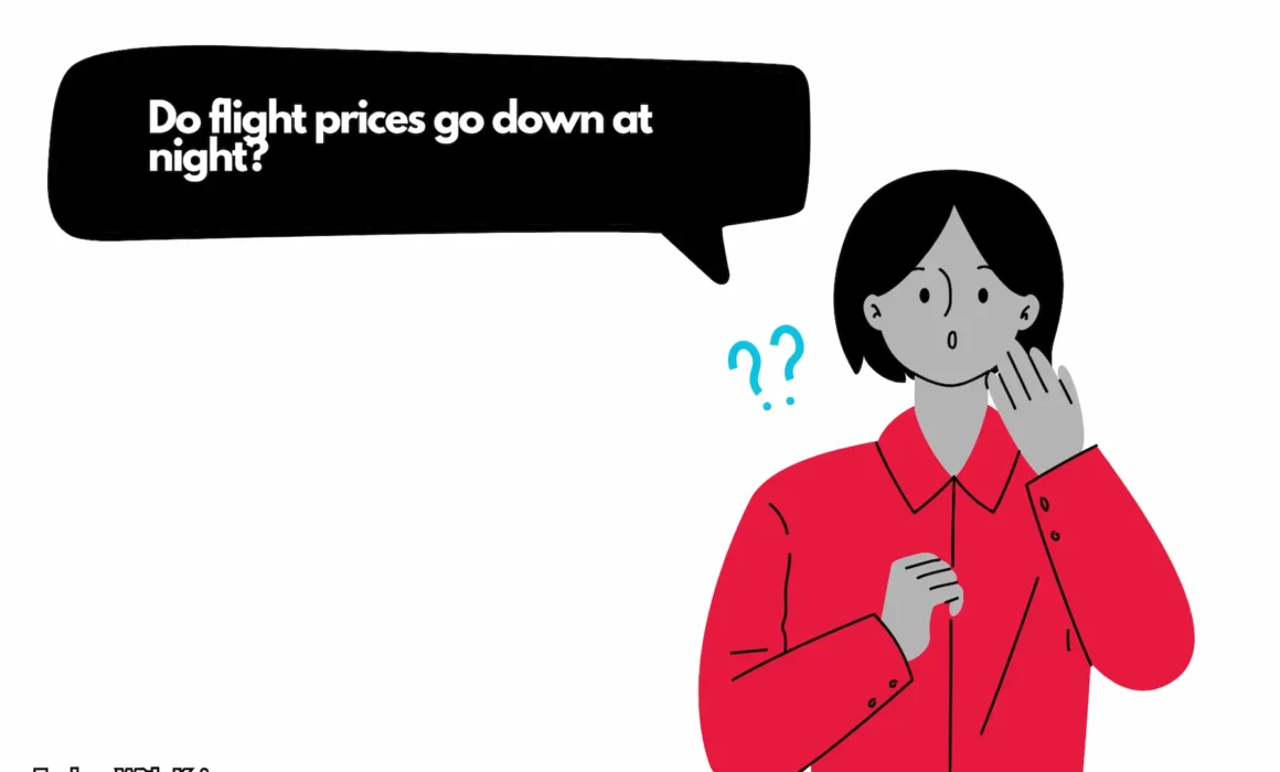 Cartoon traveler looking at laptop asking if flight prices go down at night.