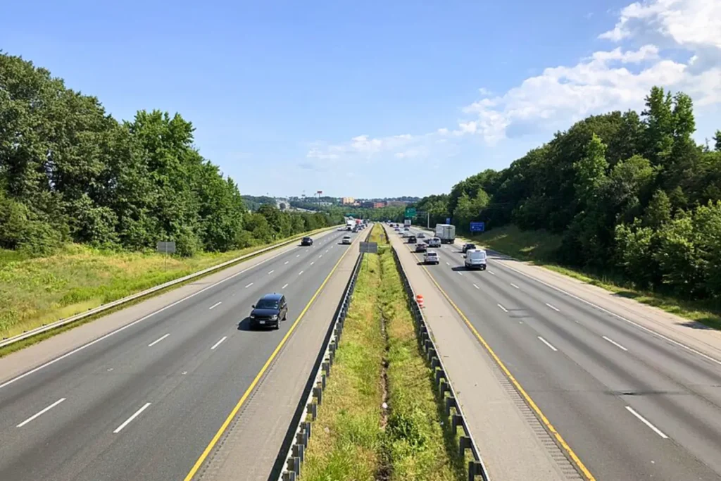 Highway in Spotsylvania, Virginia with cars driving under a clear blue sky