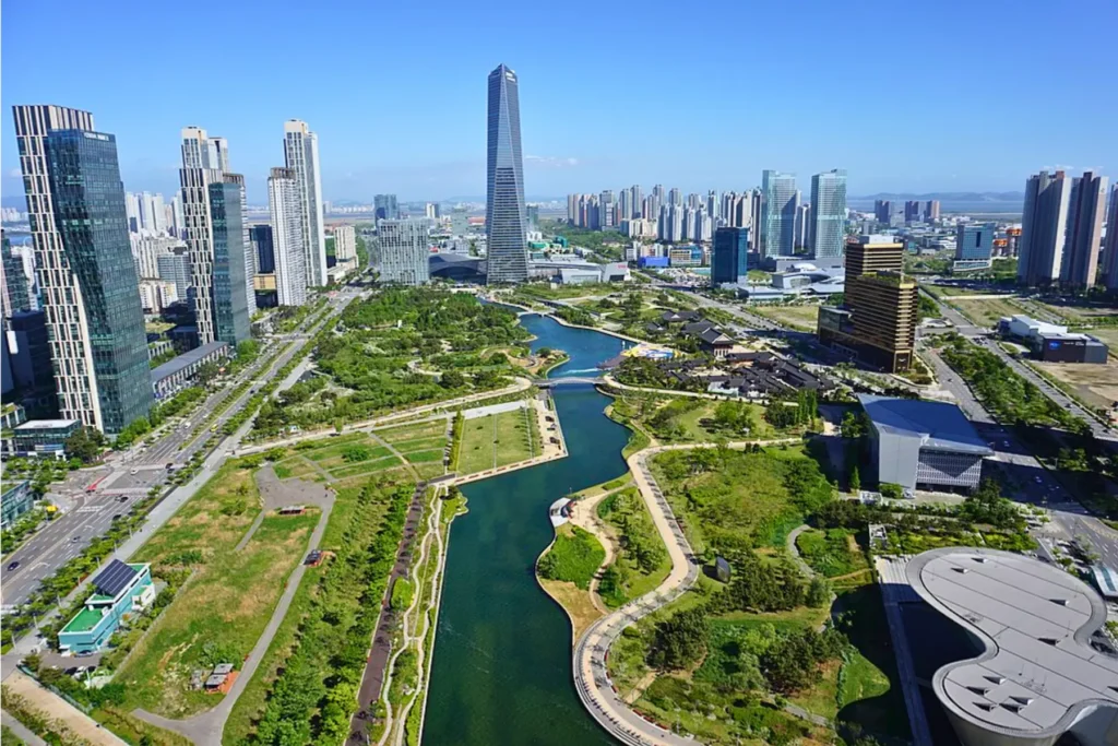 Aerial view of Songdo International Business District in Incheon.