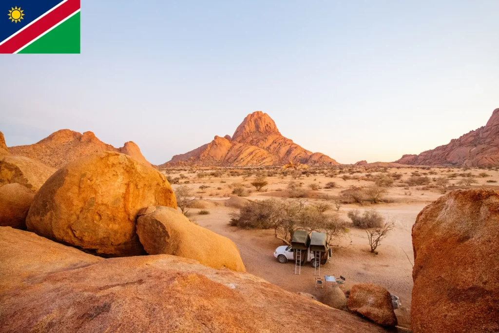 Rocky desert landscape under blue skies in Namibia.