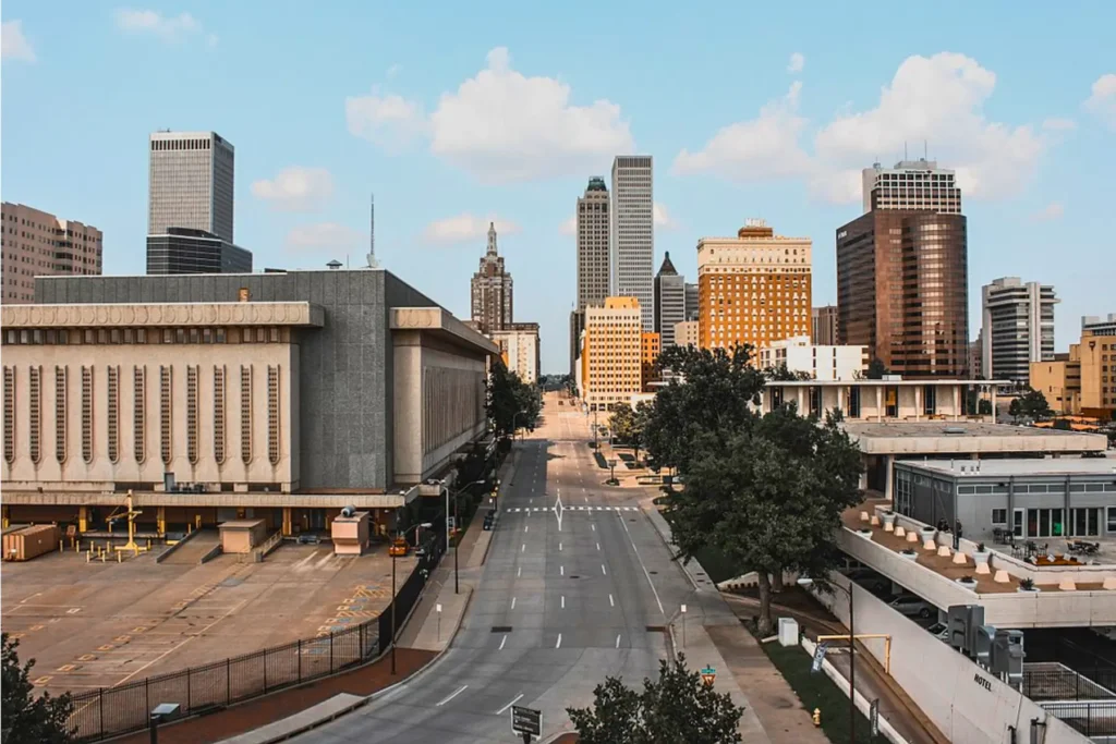 Downtown Oklahoma City skyline with modern buildings and empty streets
