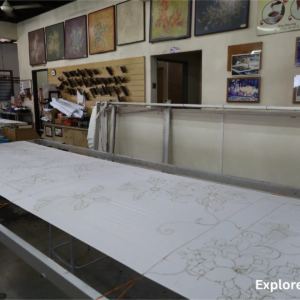 Batik fabric with outlines prepared for coloring in Kuala Lumpur workshop