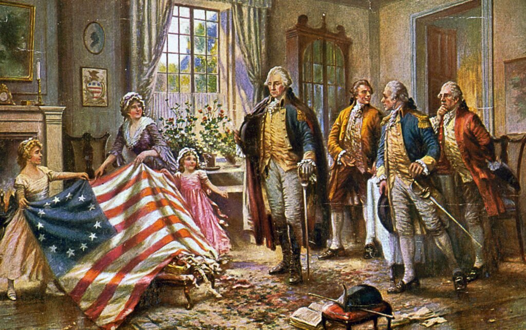 Painting of Betsy Ross presenting the first American flag with 13 stars to George Washington and other leaders.