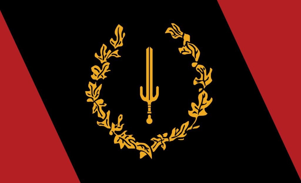 Black American flag with red stripes and golden sword surrounded by laurel wreath