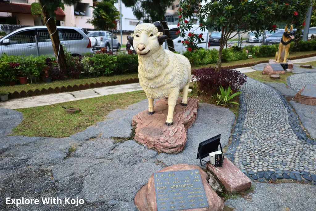 Sheep or Goat zodiac statue at Thean Hou Temple in Kuala Lumpur, symbolizing compassion and peace.