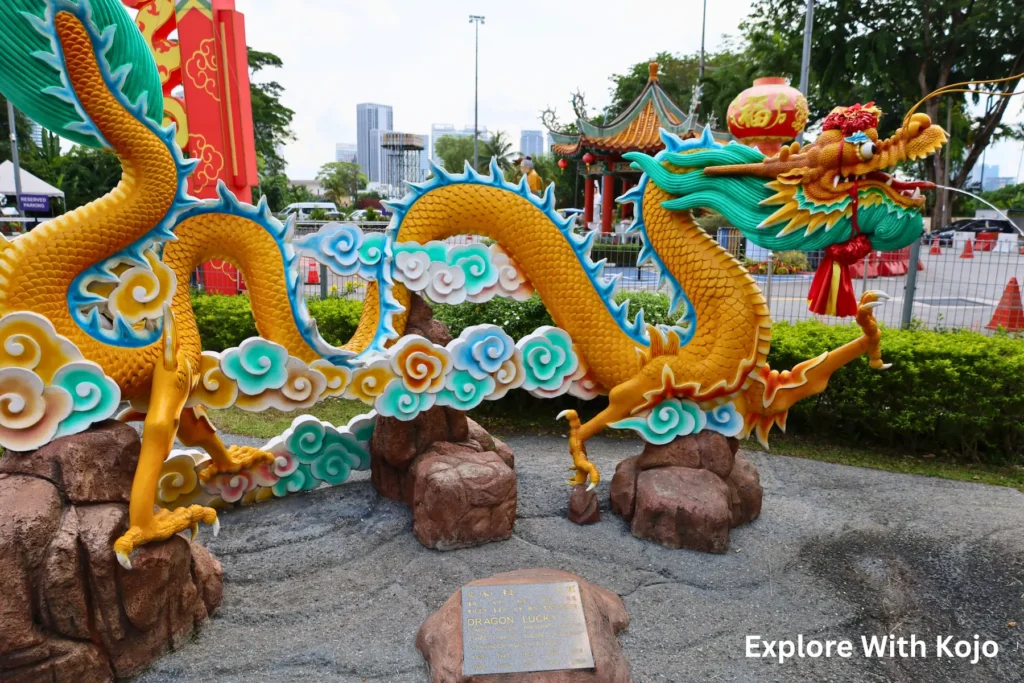 Colorful Dragon zodiac statue at Thean Hou Temple in Kuala Lumpur, symbolizing prosperity and power.