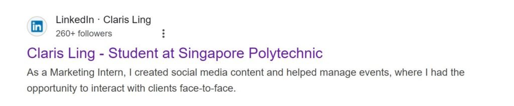 Screenshot of Claris Ling Min Rui’s LinkedIn profile showing her as a student at Singapore Polytechnic with marketing internship experience.
