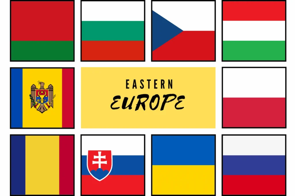 Flags of Eastern European countries including Poland, Ukraine, Czech Republic, Hungary, Romania, Slovakia, Belarus, Bulgaria, and Moldova.