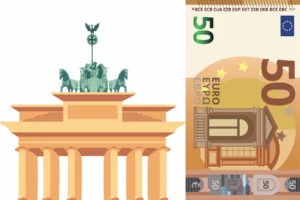 Illustration of a €50 Euro banknote alongside the Brandenburg Gate in Berlin, symbolizing Germany’s official currency.