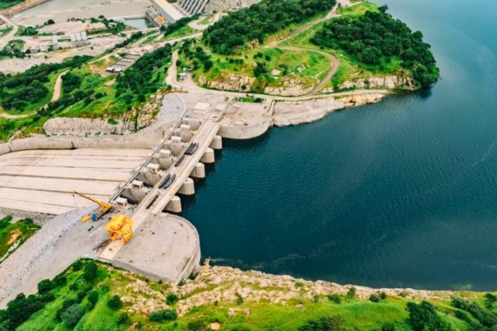 Closer view of the Grand Ethiopian Renaissance Dam showing water levels and dam structure