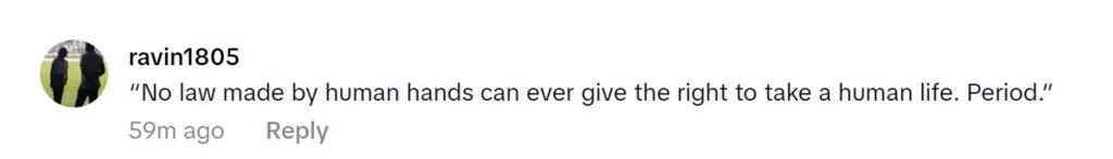 Screenshot of a social media comment criticizing Singapore’s death penalty, stating no law should allow taking a human life.
