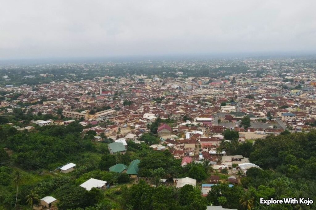 Aerial view of Koforidua, an Akan town in Ghana’s Eastern Region surrounded by green hills