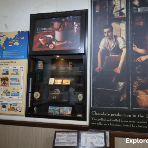 Informational panels about chocolate inside a Kuala Lumpur museum