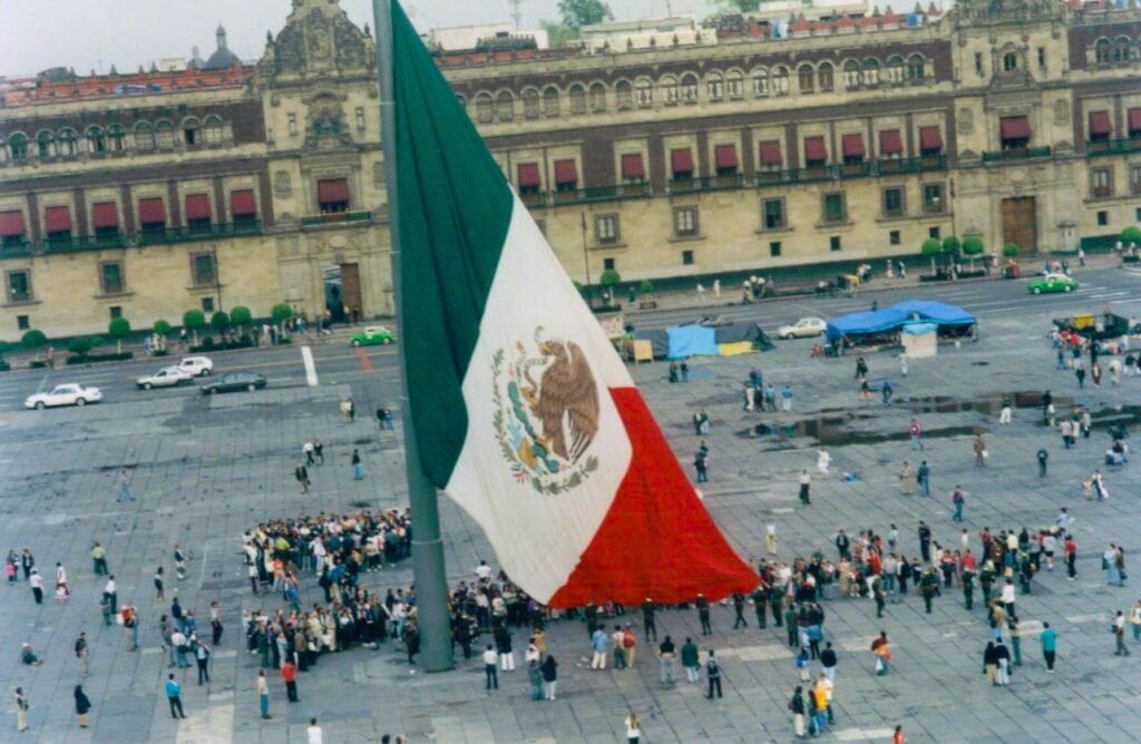 World’s largest Mexican flag at Zócalo in Mexico City during the daily raising ceremony