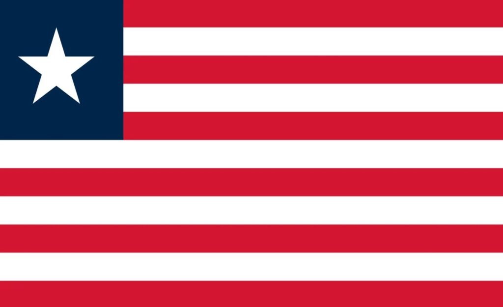 National flag of Liberia with red and white stripes and a single white star on a blue square, resembling the American flag.